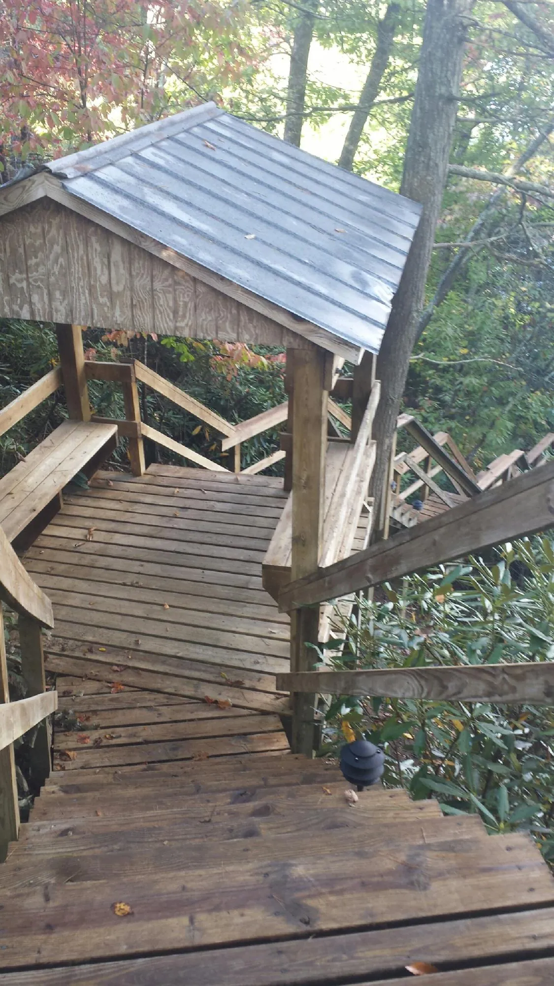 Metal roofed shelter over wooden steps on a wooded walkway — Skylight Repair & Installation work by our crew in Rescue